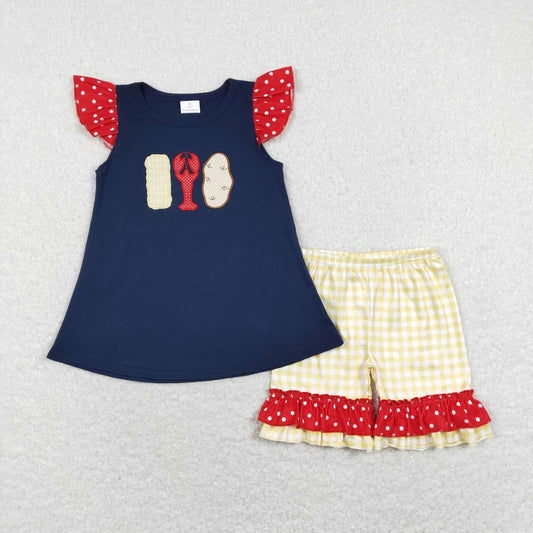 GSSO0452 Corn Crayfish Potato Embroidery Navy Top Plaid Shorts Girls Clothes Set