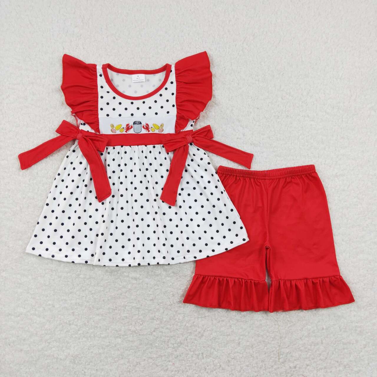 GSSO0454 Crayfish Corn Potato Embroidery Dots Tunic Top Red Shorts Girls Clothes Set