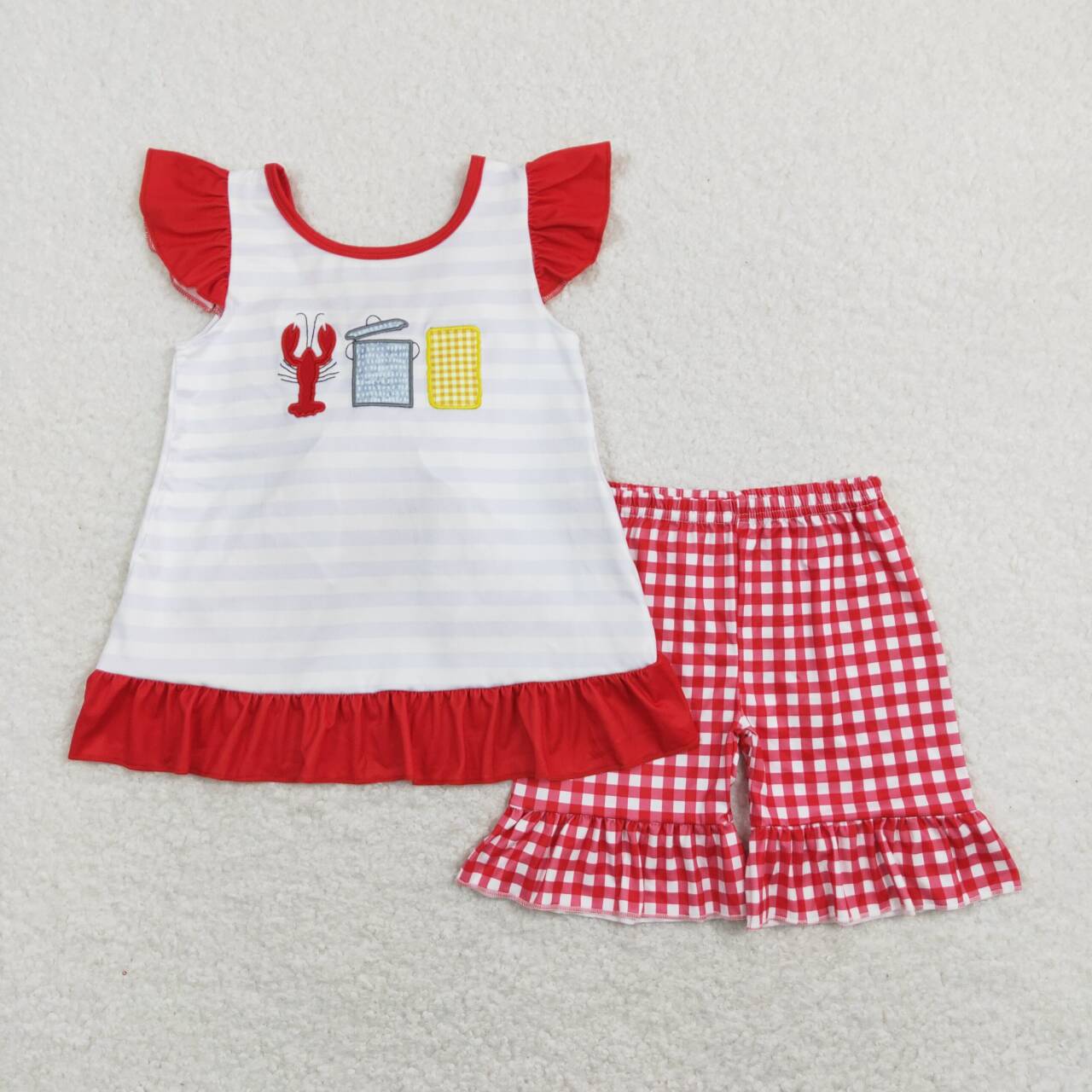 GSSO0455 Crayfish Corn Bow Embroidery Top Red Plaid Shorts Girls Clothes Set