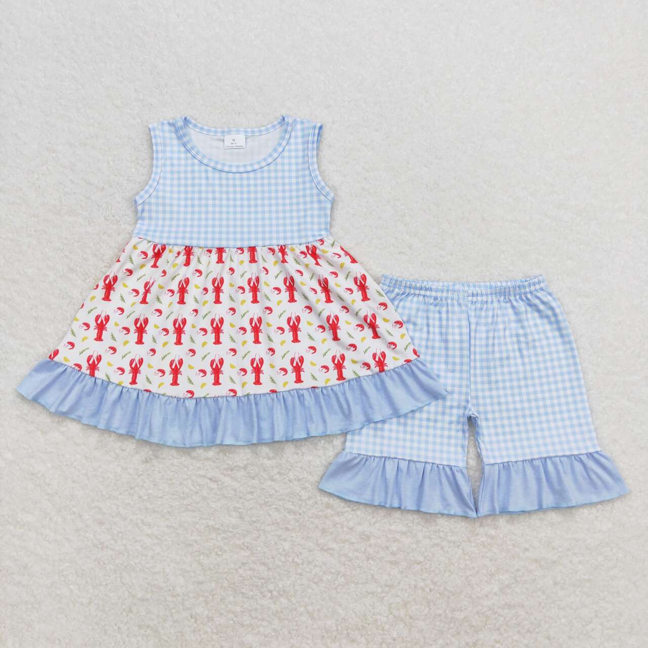 GSSO0698 Crayfish Tunic Top Blue Plaid Shorts Girls Summer Clothes Set