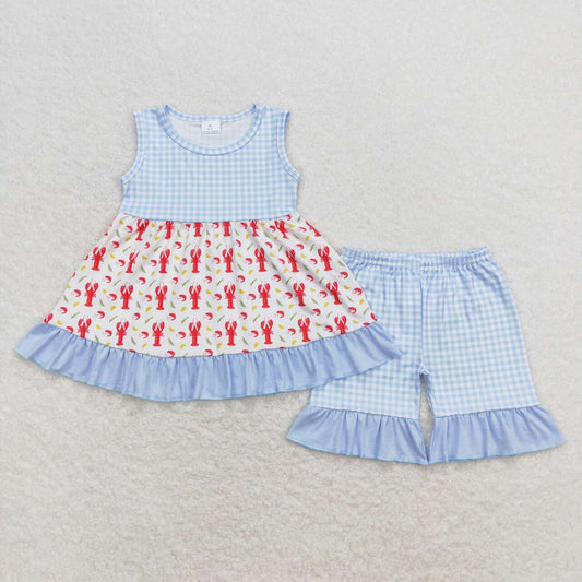 GSSO0698 Crayfish Tunic Top Blue Plaid Shorts Girls Summer Clothes Set