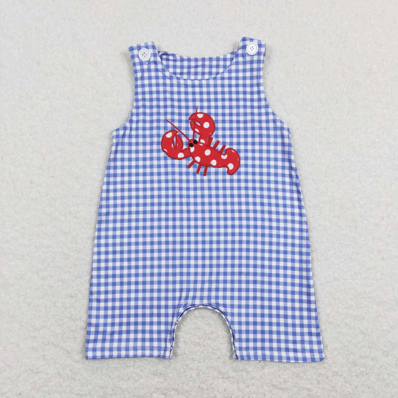 SR0820 Crayfish Embroidery Blue Plaid Print Baby Boys Summer Romper