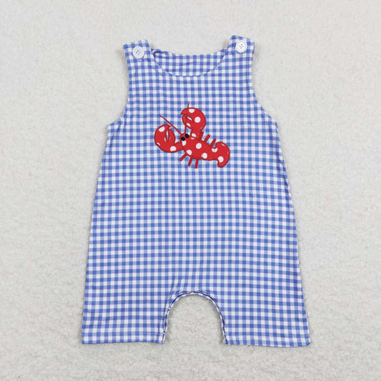 SR0820 Crayfish Embroidery Blue Plaid Print Baby Boys Summer Romper