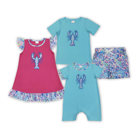 Crayfish Seaweed Embroidery Kids Summer Clothes Sibling Matching Wear