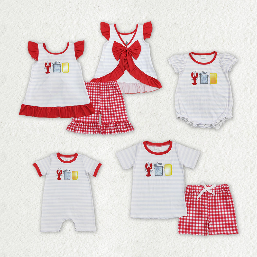 Crayfish Corn Embroidery Stripes Print Sibling Summer Matching Clothes