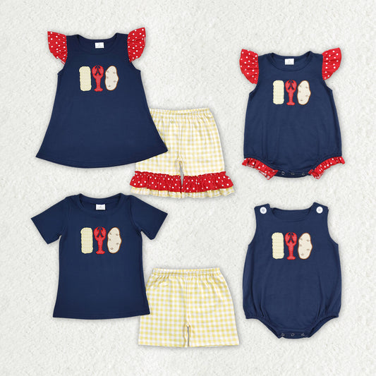 Crayfish Embroidery Navy Sibling Summer Matching Clothes