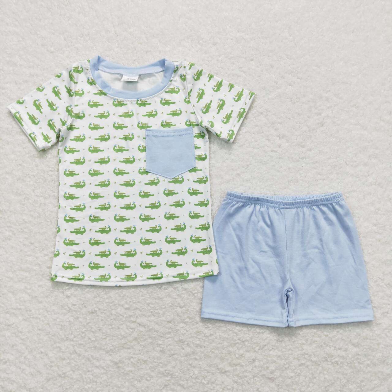 BSSO0556 Crocodile Pocket Top Light Blue Shorts Boys Summer Clothes Set