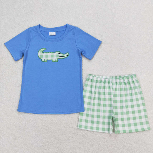 BSSO0736  Crocodile Embroidery Blue Top Plaid Shorts Boys Summer Clothes Set