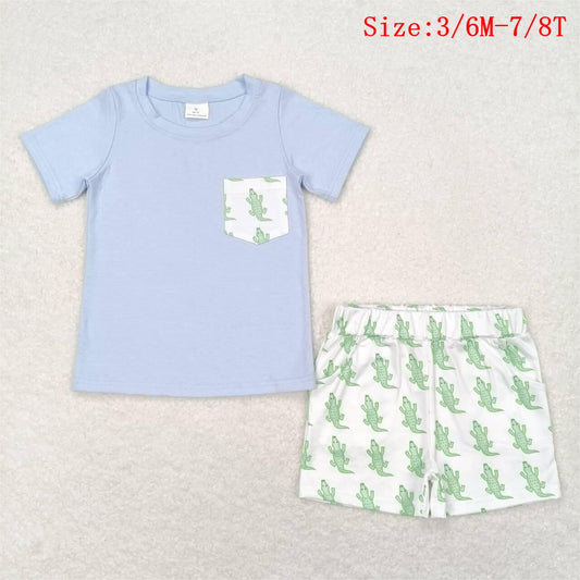 BSSO0782  Blue Pocket Top Crocodile Shorts Boys Summer Clothes Set