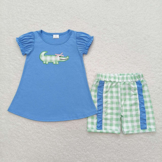 GSSO0850  Crocodile Embroidery Blue Top Plaid Shorts Girls Summer Clothes Set