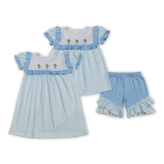 Cross Embroidery Blue Plaid Girls Easter Clothes Sisters Wear