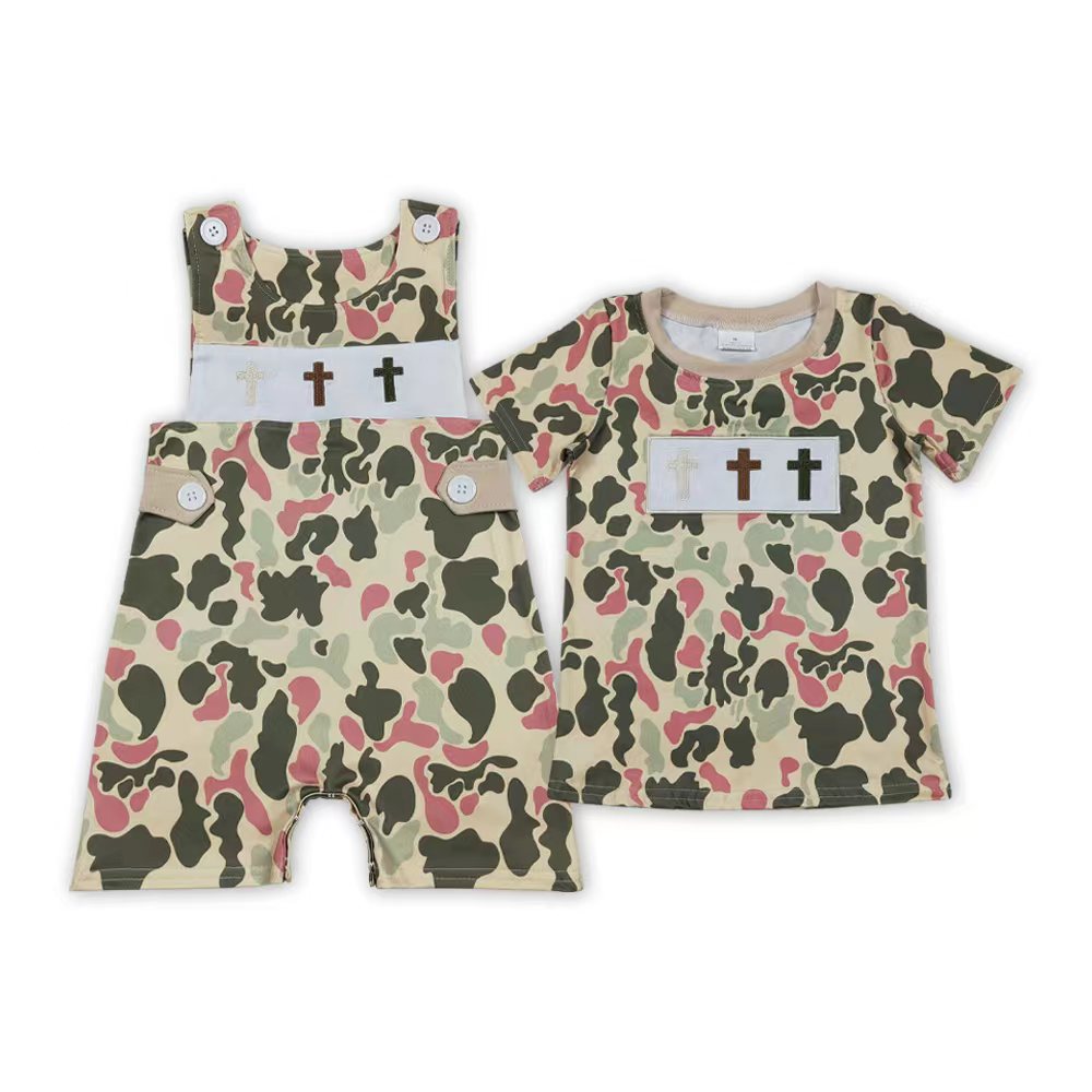 Cross Embroidery Camo Print Boys Easter Matching Clothes Brothers Wear