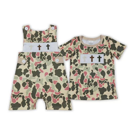 Cross Embroidery Camo Print Boys Easter Matching Clothes Brothers Wear