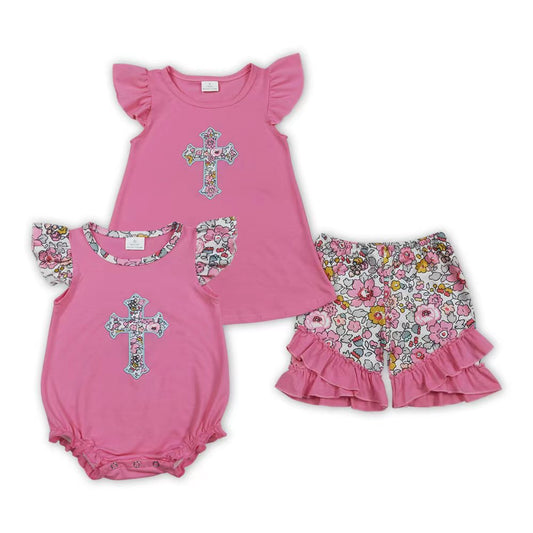 Cross Embroidery Flowers Pink Girls Easter Matching Clothes Sisters Wear