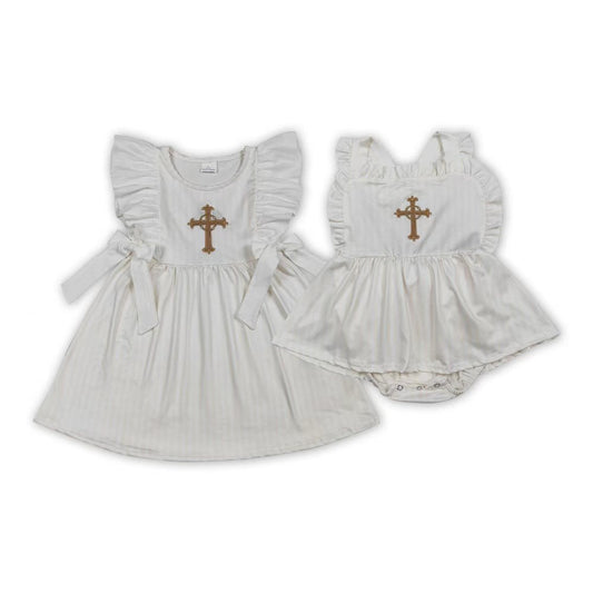 Cross Embroidery Girls Summer Matching Clothes Sisters Wear