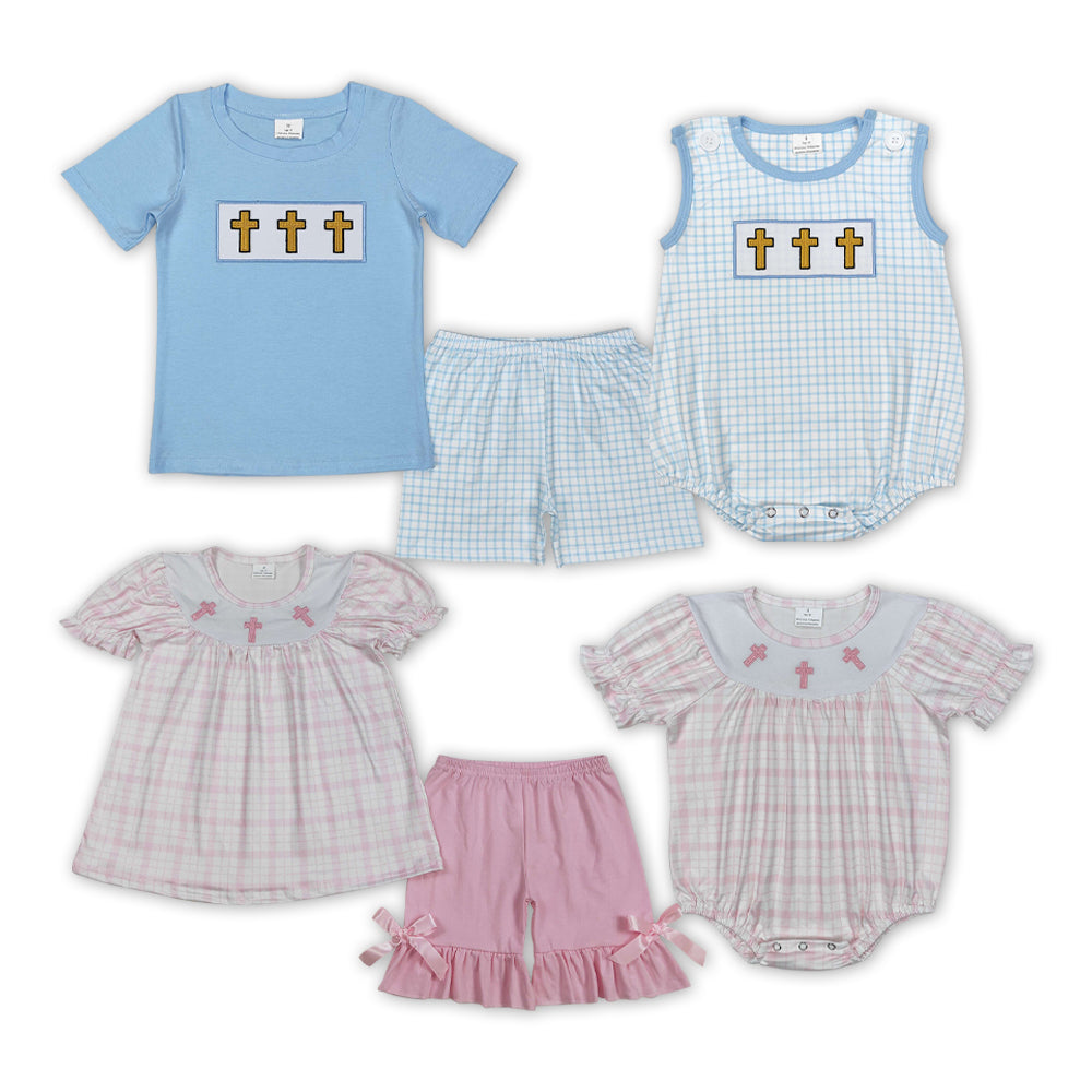 Cross Embroidery Plaid Print Sibling Easter Matching Clothes