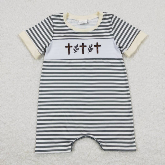 SR0814 Cross Embroidery Stripes Print Baby Boys Easter Romper