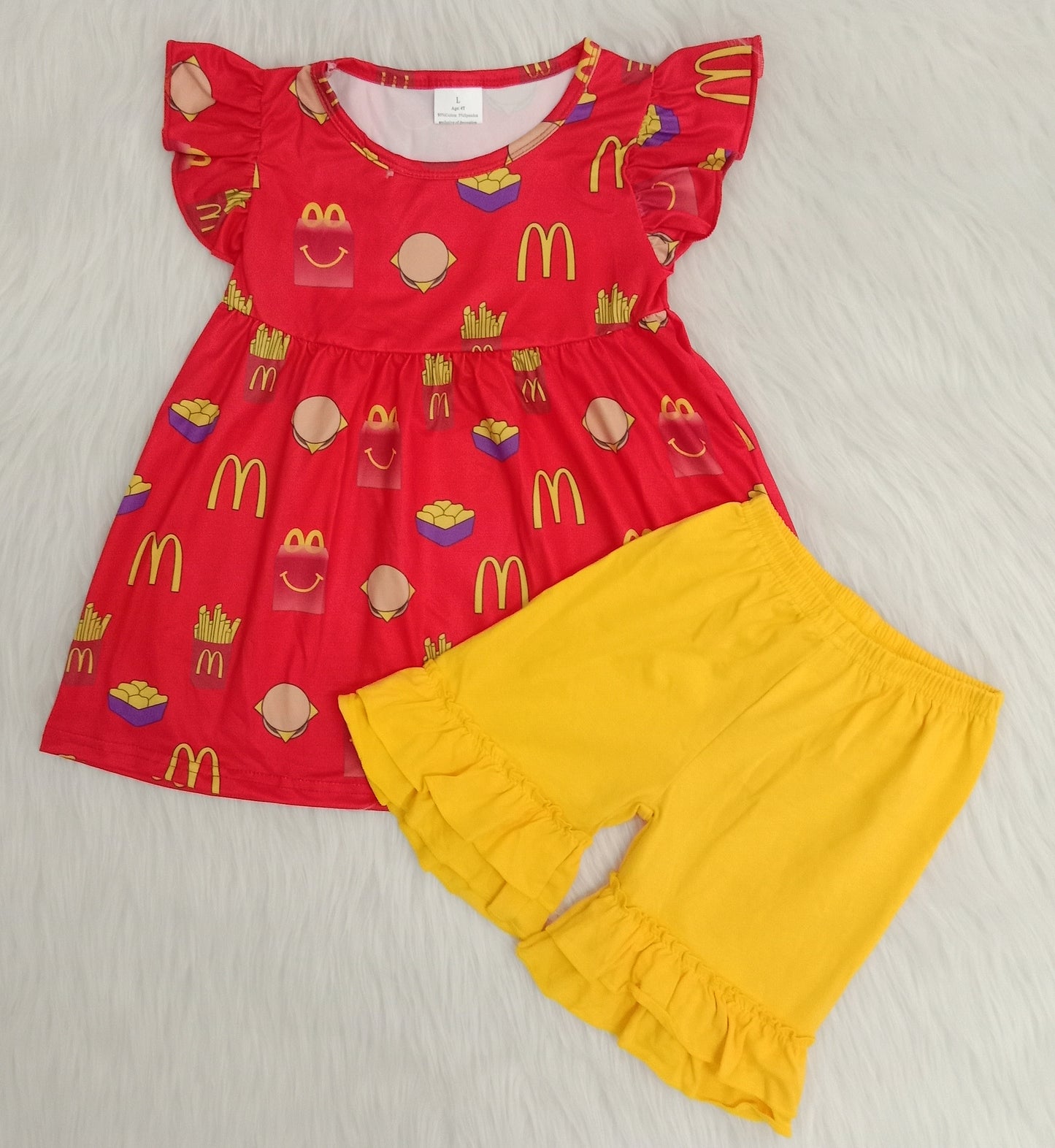 D10-16 Hamburger and fries red top yellow shorts girls summer outfits