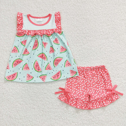 (Promotion)Flutter sleeve ruffles shorts summer watermelon print outfits D10-29