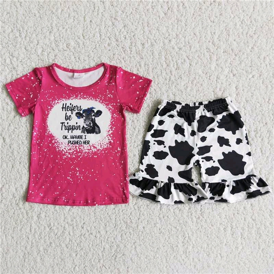(Promotion)D12-19 Heifers hot pink print top cow shorts girls summer clothes set