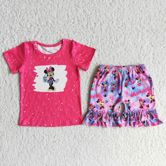 (Promotion)Short sleeve hot pink ruffles shorts cartoon mouse summer outfits D12-28