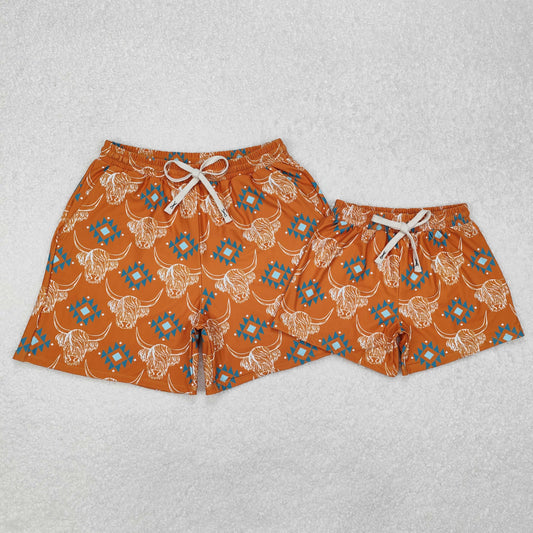 Highland Cow Aztec Print Family Matching Swim Trunks