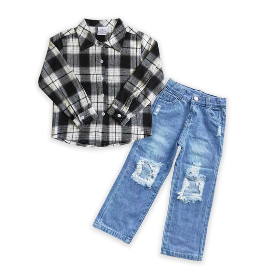 D4-16+BT0060 Black Plaid Pockets Shirts Top Blue Denim Hole Jeans Boys Fall Clothes Sets