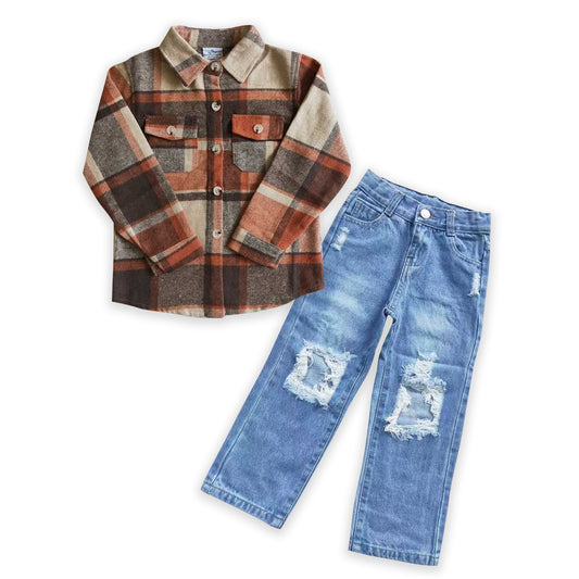 D4-16+BT0061 Orange Plaid Pockets Shirts Top Blue Denim Hole Jeans Boys Fall Clothes Sets