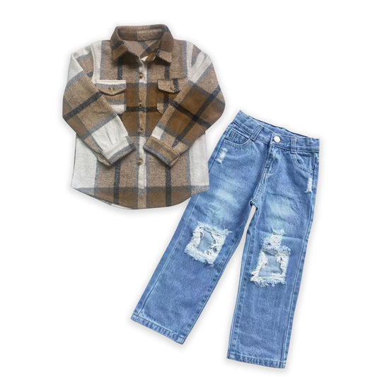 D4-16+BT0062 Brown Plaid Pockets Shirts Top Blue Denim Hole Jeans Boys Fall Clothes Sets