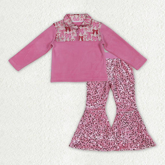 D5-27+GT1149 Pink Bows Zipper Thick Pullover Top Sequin Bell Pants Girls Clothes Set