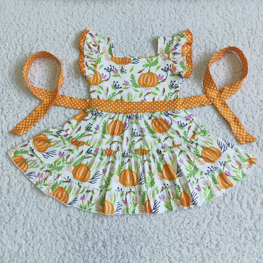 (Promotion) D6-20 Pumpkin Flowers Flutter Sleeve Girls Knee Length Dress