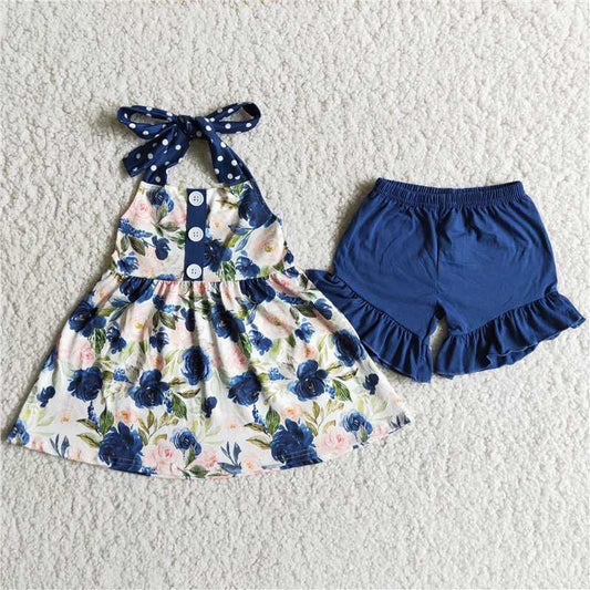 (Promotion)Halter top blue flowers ruffle shorts summer outfits D7-19