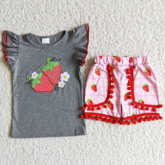 (Promotion)Girls summer strawberry embroidery outfits   D8-27