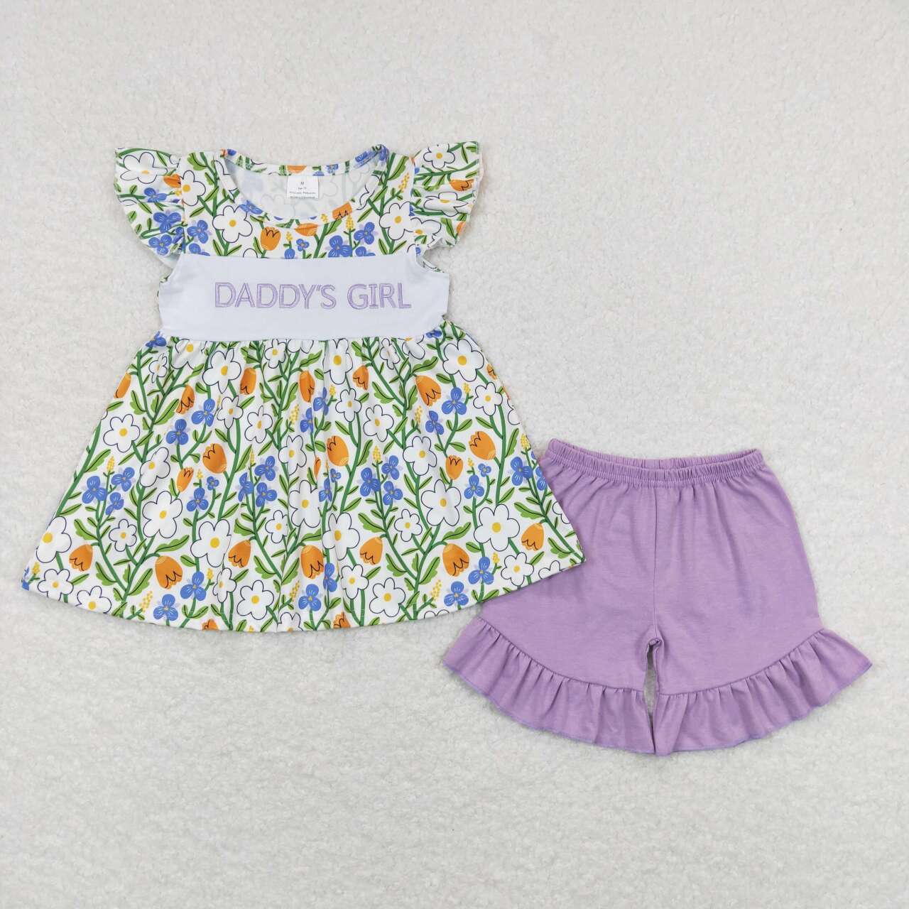 GSSO0557 DADDY'S GIRL Embroidery Flower Top Purple Shorts Girls Summer Clothes Set