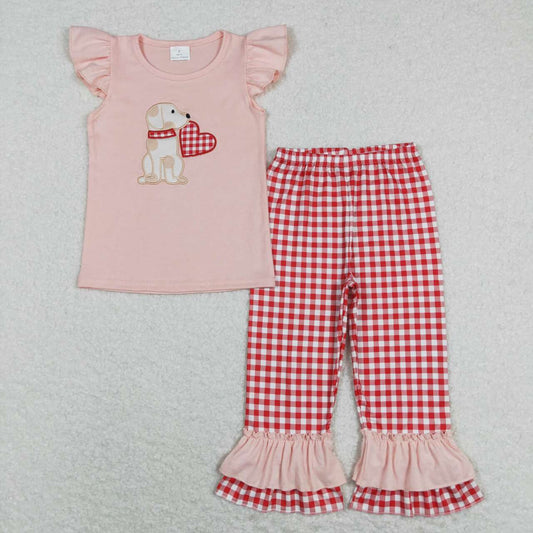 GSPO1161 Dog Heart Embroidery Pink Top Red Plaid Pants Girls Valentine's Clothes Set