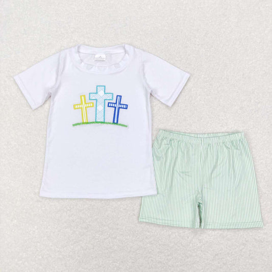 BSSO0337 Cross Embroidery Top Green Stripes Shorts Boys Easter Clothes Set