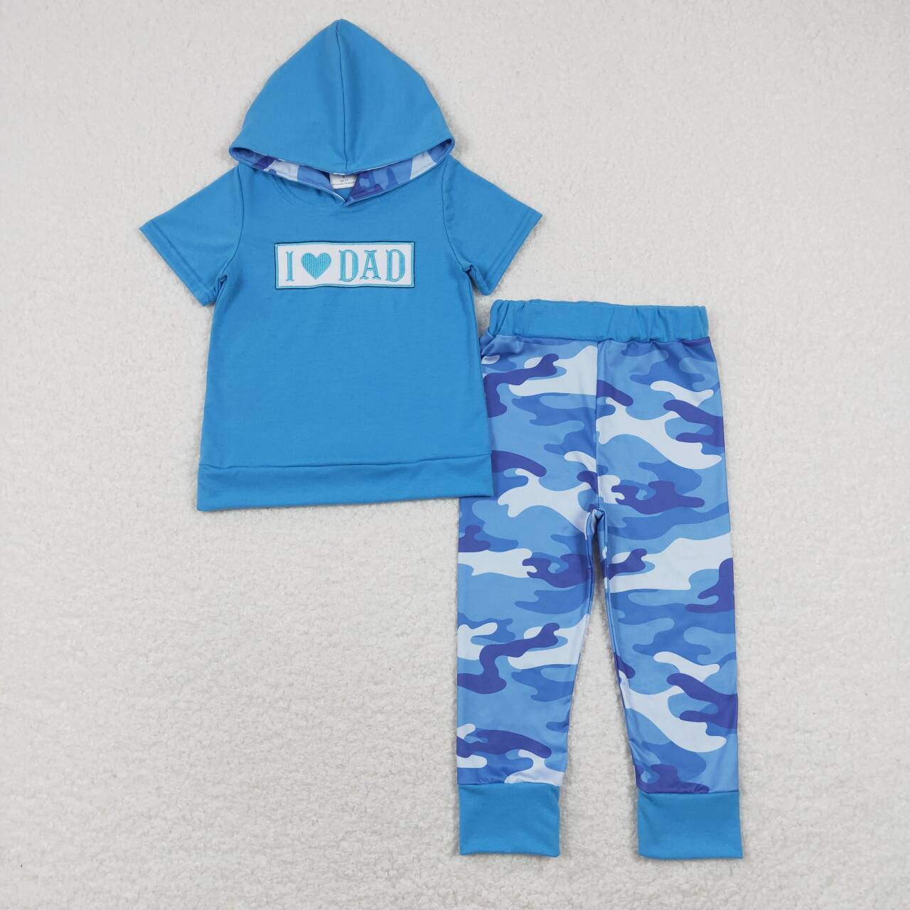 BSPO0281 I LOVE DAD Embroidery Top Blue Camo Pants Boys Hoodie Clothes Set