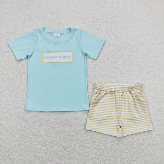 BSSO0522 DADDY'S BOY Embroidery Blue Top Yellow Shorts Boys Summer Clothes Set