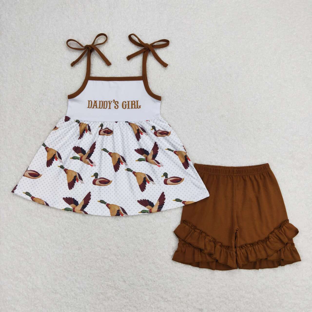 GSSO0807  DADDY'S GIRL Embroidery Duck Tunic Top Brown Shorts Girls Summer Clothes Set