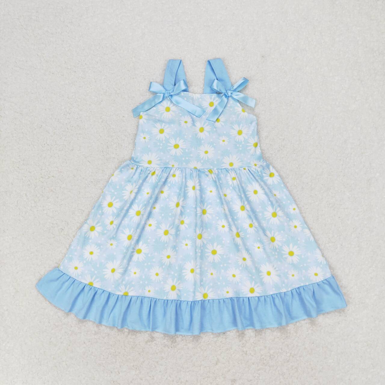 GSD1066  Daisy Flowers Blue Print Girls Knee Length Summer Dress