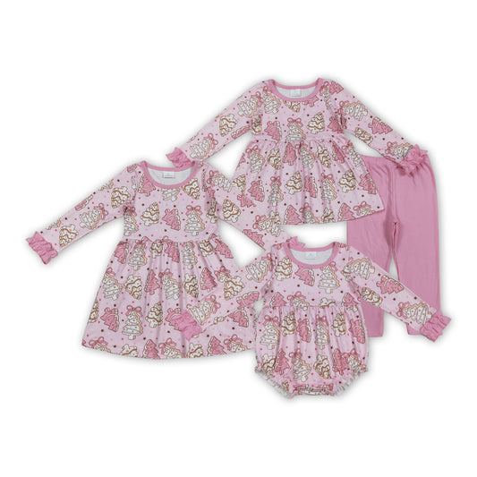 Debbie Cake Bows Pink Print Girls Christmas Clothes Sisters Matching Wear