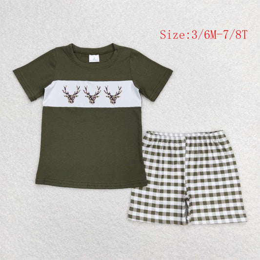 BSSO0662  Green Camo Deer Top Plaid Shorts Boys Summer Clothes Set