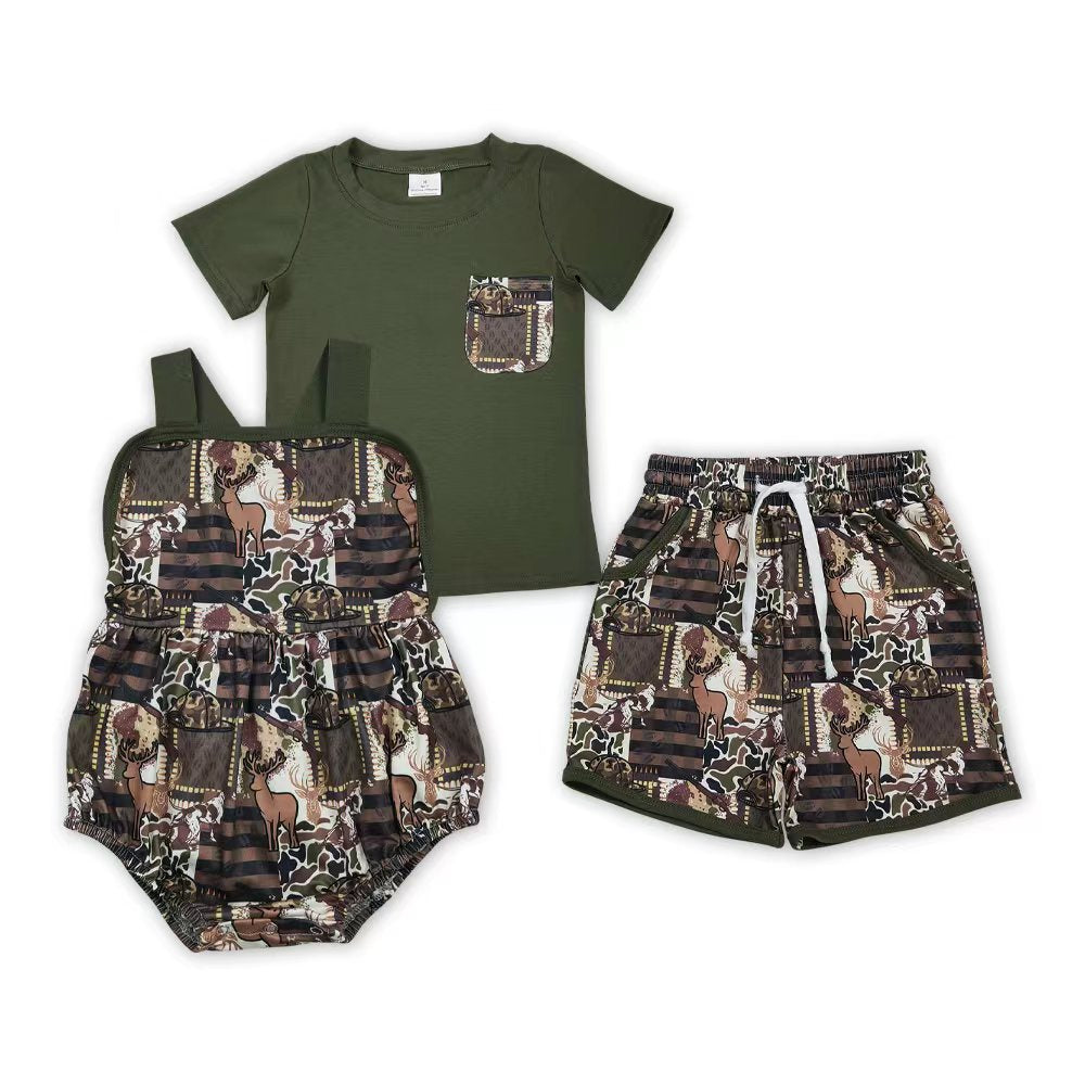 Deer Camo Hunting Print Boys Summer Matching Clothes Brothers Wear