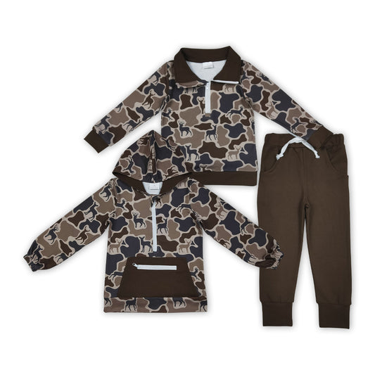 Deer Dark Camo Zipper Top Boys Fall Clothes Set Brothers Wear
