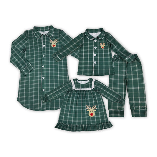 Deer Embroidery Green Plaid Print Family Christmas Matching Clothes