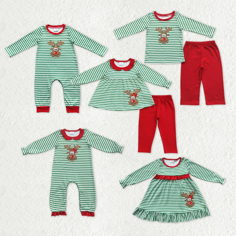 Deer Embroidery Green Stripes Kids Christmas Matching Clothes Sibling Wear