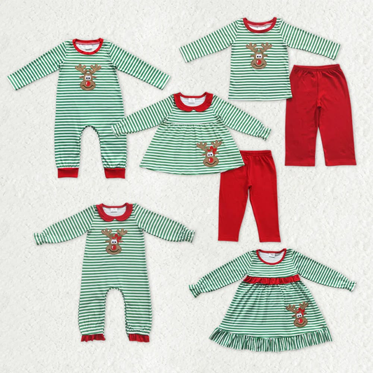 Deer Embroidery Green Stripes Kids Christmas Matching Clothes Sibling Wear