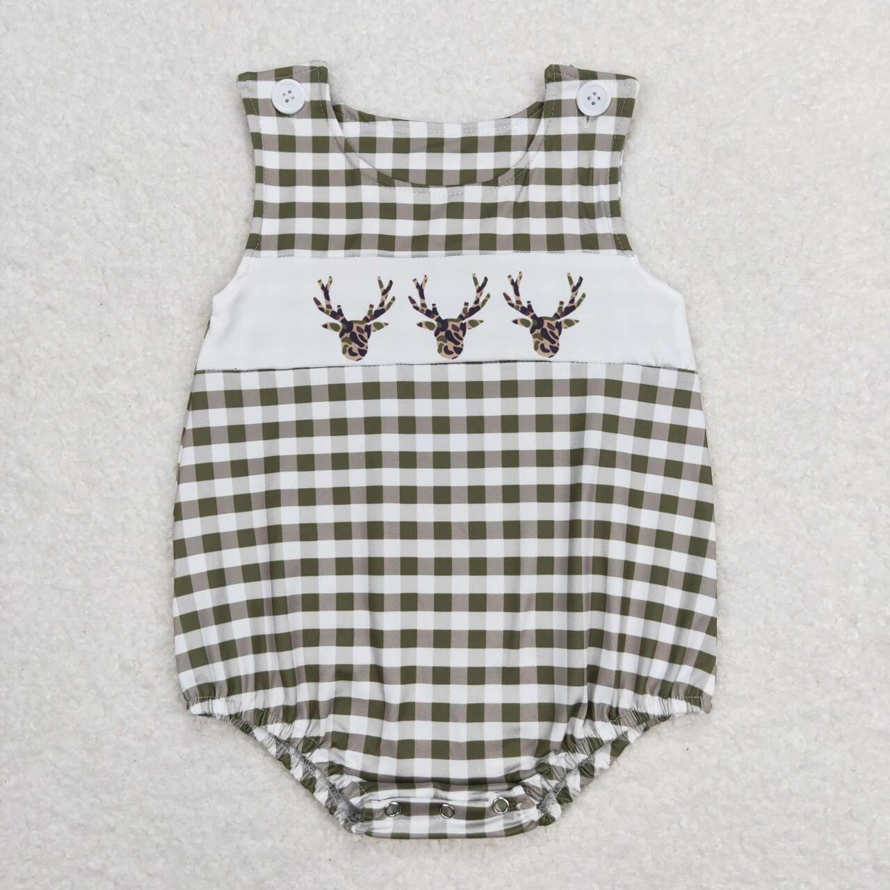 SR1167 Green Camo Deer Plaid Print Baby Boys Summer Romper