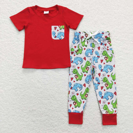 BSPO0235  Red Pocket Top Dino Heart Pants Boys Valentine's Clothes Set