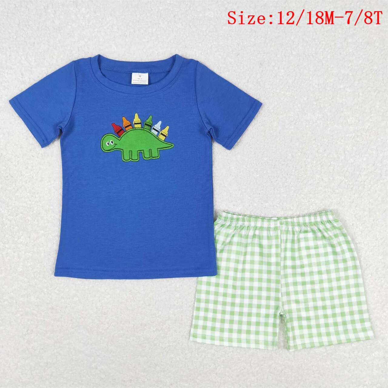 BSSO0805  Dino Pen Embroidery Blue Top Plaid Shorts Boys Back to School Clothes Set